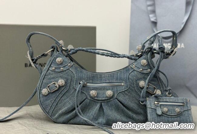 Well Crafted Balenciaga Le Cagole Shoulder Bag Small in blue washed and frayed denim/crystals hardware BL702 2026