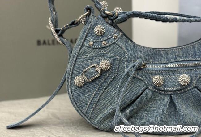 Well Crafted Balenciaga Le Cagole Shoulder Bag Small in blue washed and frayed denim/crystals hardware BL702 2026