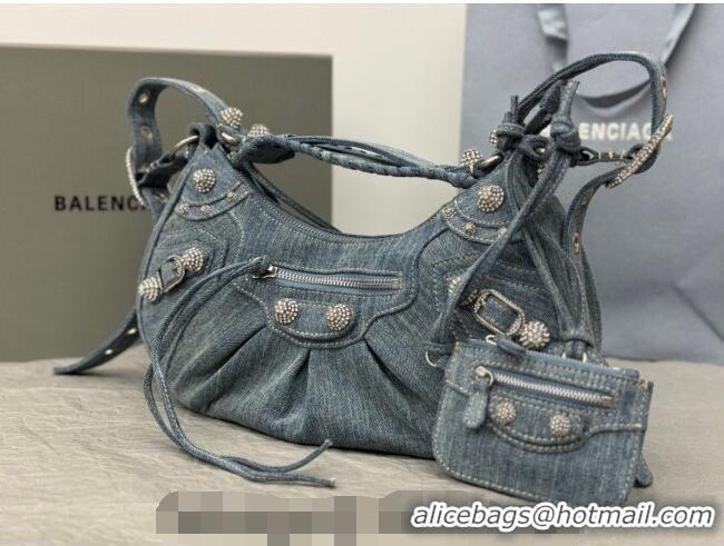 Well Crafted Balenciaga Le Cagole Shoulder Bag Small in blue washed and frayed denim/crystals hardware BL702 2026