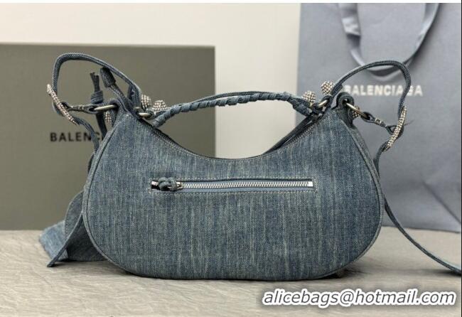 Well Crafted Balenciaga Le Cagole Shoulder Bag Small in blue washed and frayed denim/crystals hardware BL702 2026