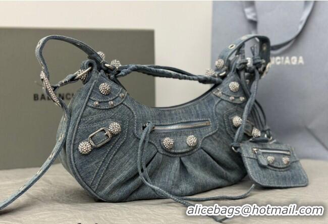 Well Crafted Balenciaga Le Cagole Shoulder Bag Small in blue washed and frayed denim/crystals hardware BL702 2026