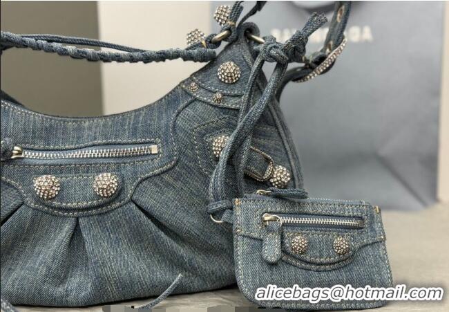Well Crafted Balenciaga Le Cagole Shoulder Bag Small in blue washed and frayed denim/crystals hardware BL702 2026