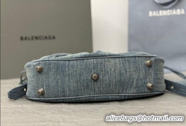 Well Crafted Balenciaga Le Cagole Shoulder Bag Small in blue washed and frayed denim/crystals hardware BL702 2026