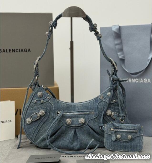 Well Crafted Balenciaga Le Cagole Shoulder Bag Small in blue washed and frayed denim/crystals hardware BL702 2026