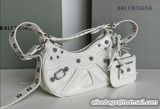 Best Product Balenciaga Le Cagole Shoulder Bag XS in White Arena lambskin/crystals hardware BL701 2026