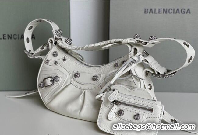 Best Product Balenciaga Le Cagole Shoulder Bag XS in White Arena lambskin/crystals hardware BL701 2026