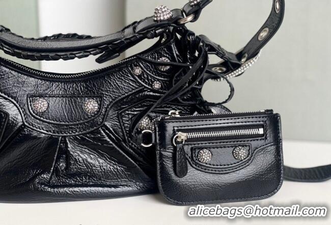 Top Design Balenciaga Le Cagole Shoulder Bag XS in Black Arena lambskin/crytsals hardware BL701 2026
