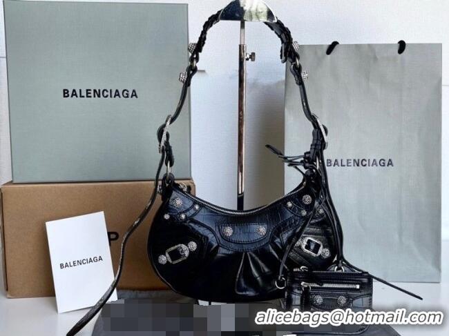 Reasonable Price Balenciaga Le Cagole Shoulder Bag XS in Black Crocodile Embossed Leather/crystals hardware BL701 2026