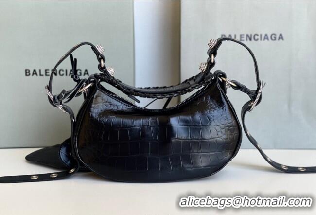 Reasonable Price Balenciaga Le Cagole Shoulder Bag XS in Black Crocodile Embossed Leather/crystals hardware BL701 2026