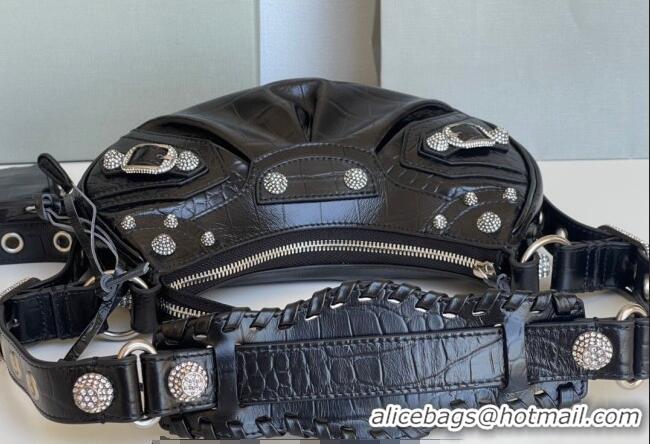 Reasonable Price Balenciaga Le Cagole Shoulder Bag XS in Black Crocodile Embossed Leather/crystals hardware BL701 2026