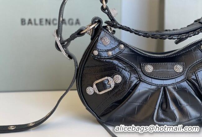 Reasonable Price Balenciaga Le Cagole Shoulder Bag XS in Black Crocodile Embossed Leather/crystals hardware BL701 2026