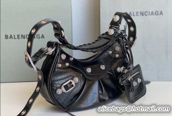 Reasonable Price Balenciaga Le Cagole Shoulder Bag XS in Black Crocodile Embossed Leather/crystals hardware BL701 2026
