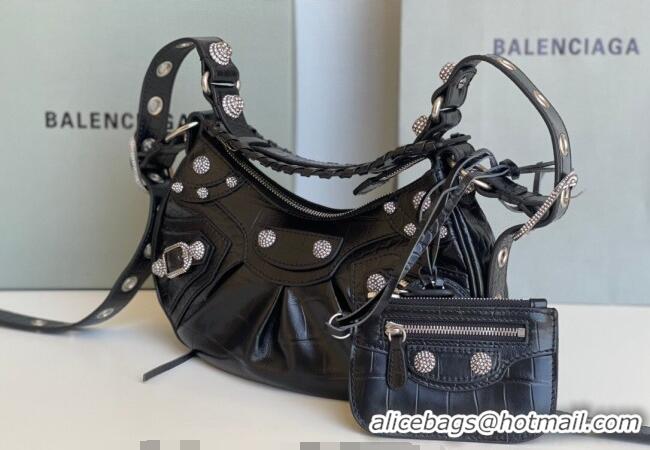 Reasonable Price Balenciaga Le Cagole Shoulder Bag XS in Black Crocodile Embossed Leather/crystals hardware BL701 2026
