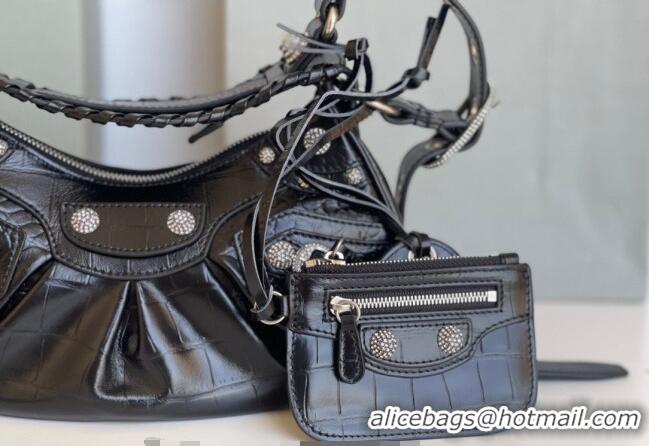 Reasonable Price Balenciaga Le Cagole Shoulder Bag XS in Black Crocodile Embossed Leather/crystals hardware BL701 2026