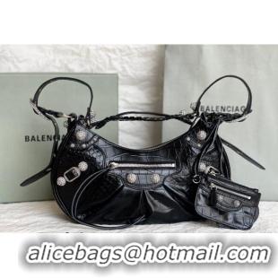 Best Grade Balenciaga Le Cagole Shoulder Bag Small in Black Crocodile Embossed Leather/crystals hardware BL701 2026