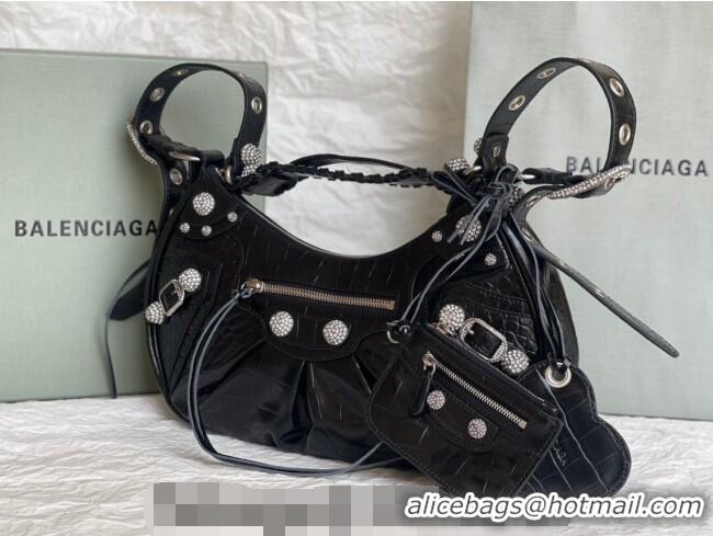 Best Grade Balenciaga Le Cagole Shoulder Bag Small in Black Crocodile Embossed Leather/crystals hardware BL701 2026