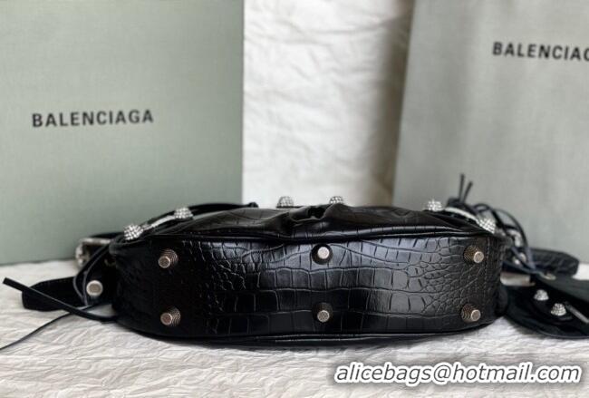 Best Grade Balenciaga Le Cagole Shoulder Bag Small in Black Crocodile Embossed Leather/crystals hardware BL701 2026