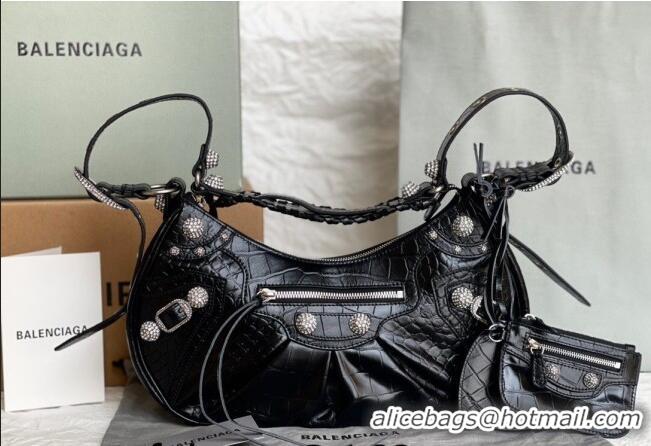 Best Grade Balenciaga Le Cagole Shoulder Bag Small in Black Crocodile Embossed Leather/crystals hardware BL701 2026