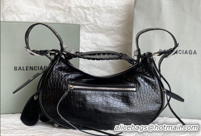 Best Grade Balenciaga Le Cagole Shoulder Bag Small in Black Crocodile Embossed Leather/crystals hardware BL701 2026