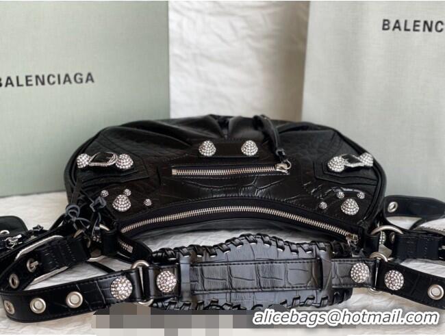 Best Grade Balenciaga Le Cagole Shoulder Bag Small in Black Crocodile Embossed Leather/crystals hardware BL701 2026