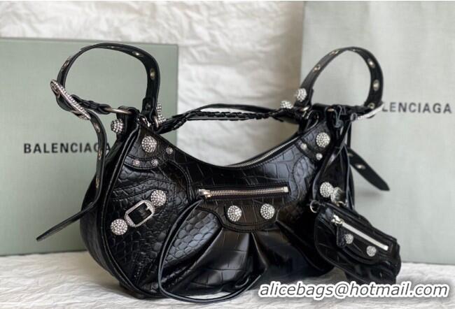 Best Grade Balenciaga Le Cagole Shoulder Bag Small in Black Crocodile Embossed Leather/crystals hardware BL701 2026