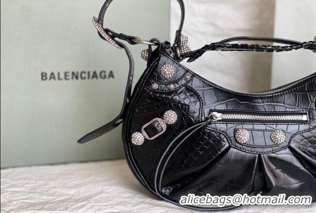 Best Grade Balenciaga Le Cagole Shoulder Bag Small in Black Crocodile Embossed Leather/crystals hardware BL701 2026