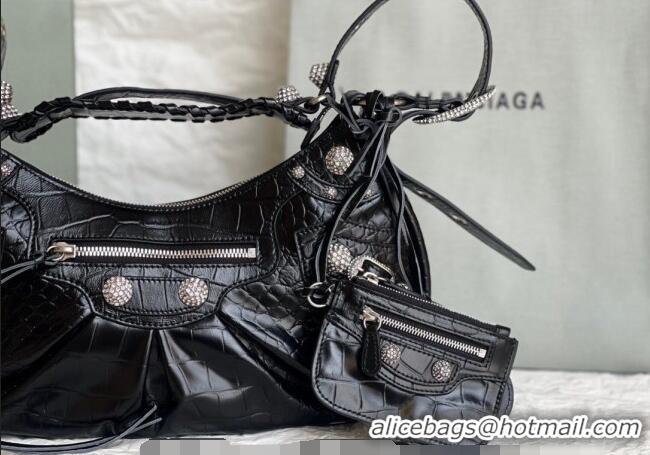 Best Grade Balenciaga Le Cagole Shoulder Bag Small in Black Crocodile Embossed Leather/crystals hardware BL701 2026