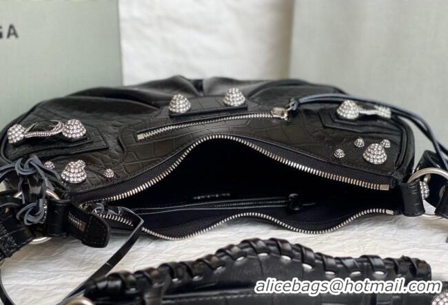 Best Grade Balenciaga Le Cagole Shoulder Bag Small in Black Crocodile Embossed Leather/crystals hardware BL701 2026