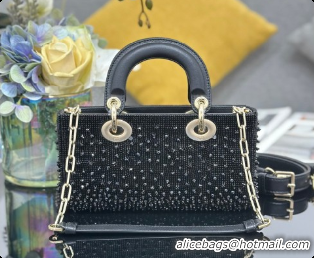 Best Grade Dior Small Lady D-Joy Bag in Satin and Strass Black 2026 M06130408 