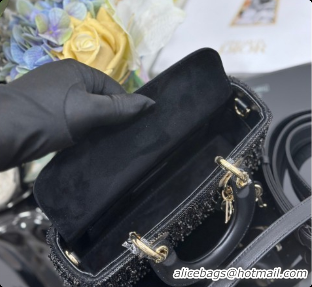 Best Grade Dior Small Lady D-Joy Bag in Satin and Strass Black 2026 M06130408 