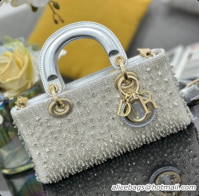 Low Price Dior Small Lady D-Joy Bag in Satin and Strass Silver 2026 M0613 0408
