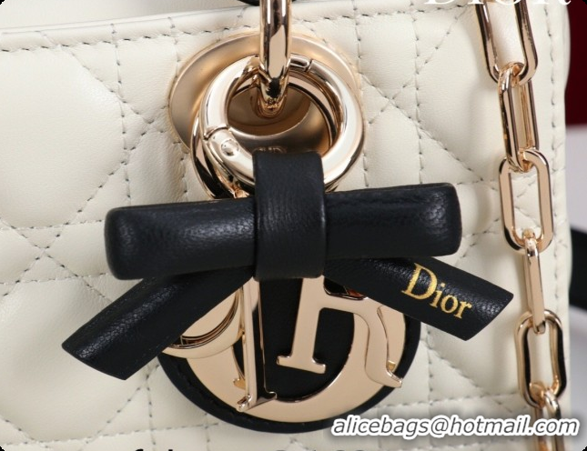 Top Grade Dior Mini Lady D-Joy Bag in Cannage Lambskin with Bow White/Black 2026 D9240