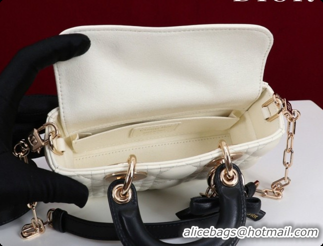 Top Grade Dior Mini Lady D-Joy Bag in Cannage Lambskin with Bow White/Black 2026 D9240
