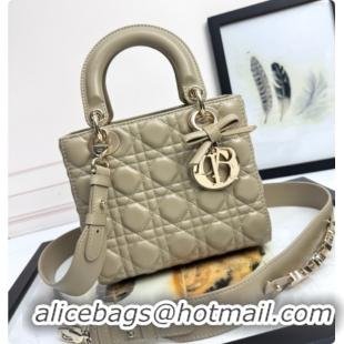 Shop Duplicate Dior Small Lady Dior My ABCDior Bag in Cannage Lambskin with Bow Apricot Grey 2026 D6604