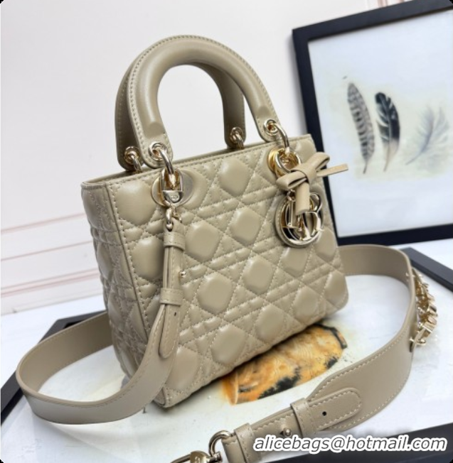 Shop Duplicate Dior Small Lady Dior My ABCDior Bag in Cannage Lambskin with Bow Apricot Grey 2026 D6604
