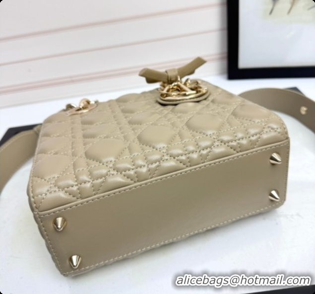 Shop Duplicate Dior Small Lady Dior My ABCDior Bag in Cannage Lambskin with Bow Apricot Grey 2026 D6604