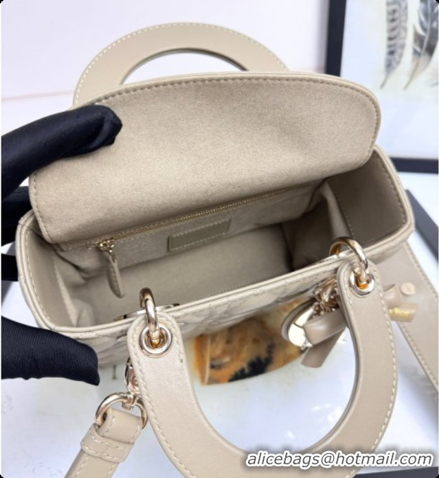 Shop Duplicate Dior Small Lady Dior My ABCDior Bag in Cannage Lambskin with Bow Apricot Grey 2026 D6604