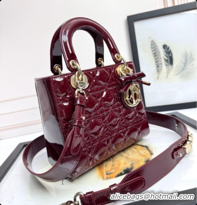 Pretty Style Dior Small Lady Dior My ABCDior Bag in Patent Cannage Leather with Bow Burgundy 2026 D6604