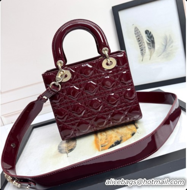 Pretty Style Dior Small Lady Dior My ABCDior Bag in Patent Cannage Leather with Bow Burgundy 2026 D6604