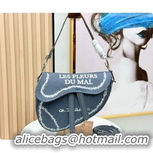 Luxury Dior Medium Saddle Bag with Strap in Blue and White Book Cover Embroidery 2026 D9930