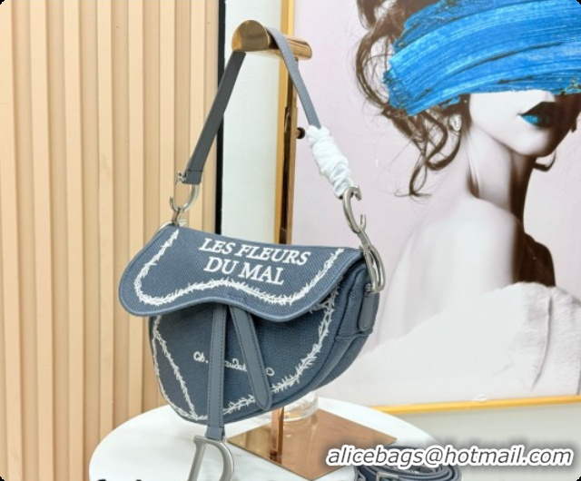 Luxury Dior Medium Saddle Bag with Strap in Blue and White Book Cover Embroidery 2026 D9930