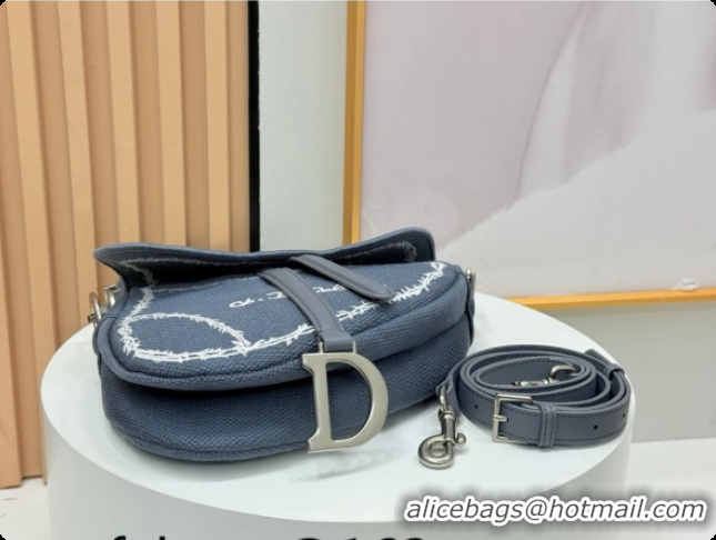 Luxury Dior Medium Saddle Bag with Strap in Blue and White Book Cover Embroidery 2026 D9930