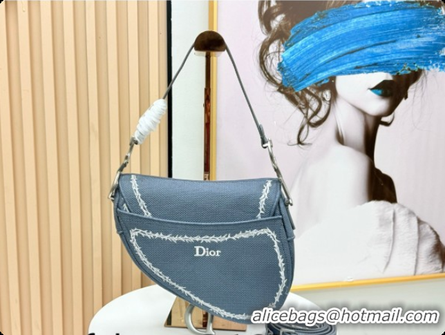 Luxury Dior Medium Saddle Bag with Strap in Blue and White Book Cover Embroidery 2026 D9930