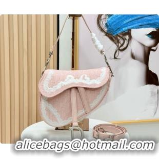 Stylish Dior Dioramour Medium Saddle Bag with Strap in Soupir Pink Dior Oblique Embroidery and White Lace 2026 0408110