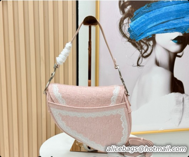 Stylish Dior Dioramour Medium Saddle Bag with Strap in Soupir Pink Dior Oblique Embroidery and White Lace 2026 0408110