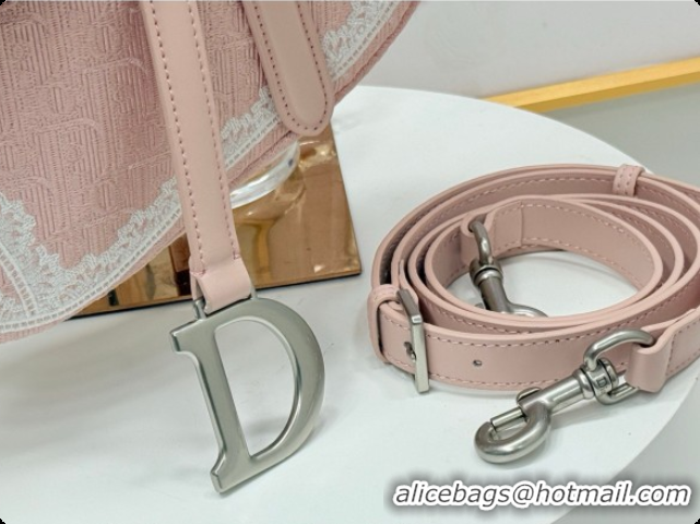 Stylish Dior Dioramour Medium Saddle Bag with Strap in Soupir Pink Dior Oblique Embroidery and White Lace 2026 0408110