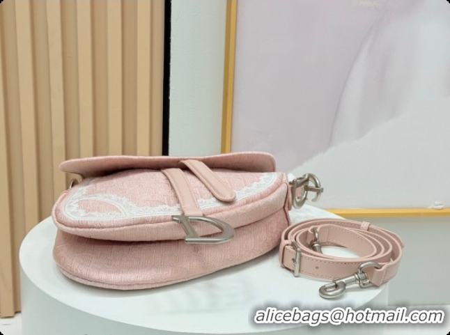 Stylish Dior Dioramour Medium Saddle Bag with Strap in Soupir Pink Dior Oblique Embroidery and White Lace 2026 0408110
