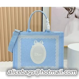 Most Popular Dior Men's Large Book Tote Bag in Céleste Blue Dior Oblique Embroidery with White Lace and Dior Médaillon 0