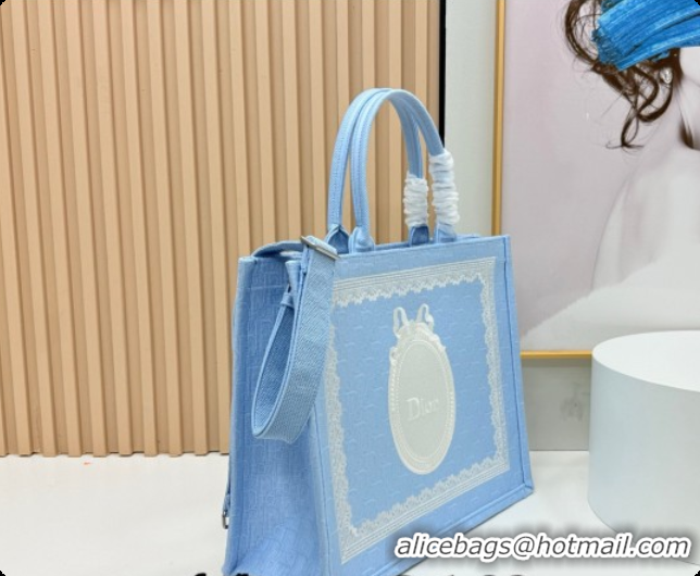 Most Popular Dior Men's Large Book Tote Bag in Céleste Blue Dior Oblique Embroidery with White Lace and Dior Médaillon 0