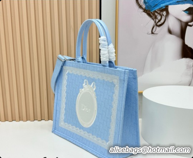 Most Popular Dior Men's Large Book Tote Bag in Céleste Blue Dior Oblique Embroidery with White Lace and Dior Médaillon 0